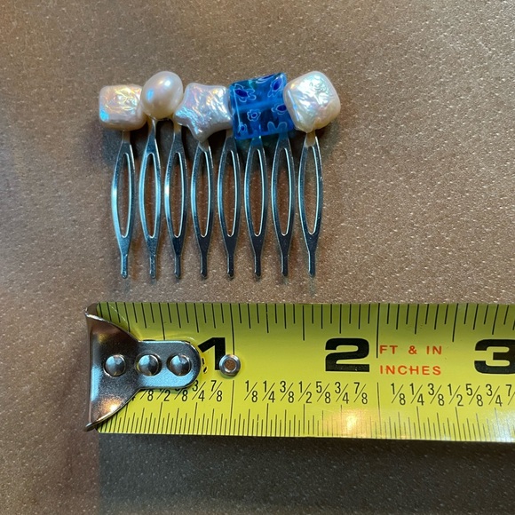 Genuine freshwater pearl Millefiori glass brass hair comb blue white star - Picture 5 of 5